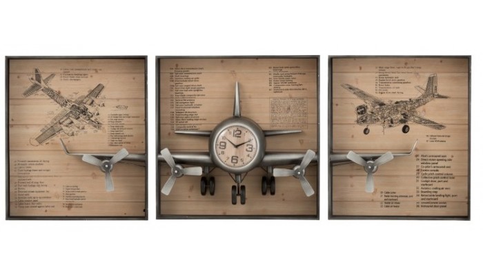 Tableau triptyque horloge avion 3 parties
